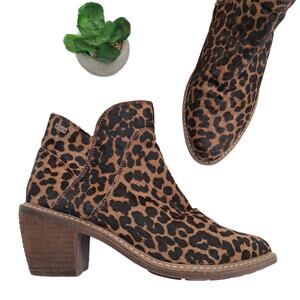 ROXY Cassidy Calf Hair Ankle Boot Size 9 Leopard Cheetah Tan Black Stacked Heel